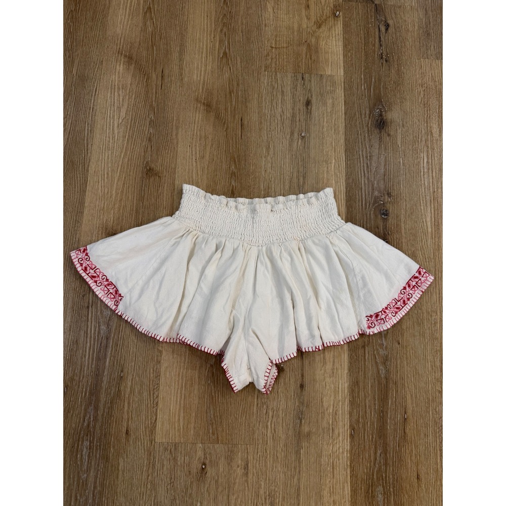 Free People Cream Smocked Waist Shorts with Red Trim